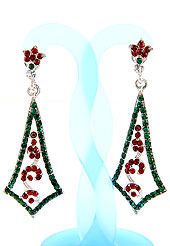 Create striking glance with this earring intended in a rhombus shaped frames which are nicely designed with Green and Red Diamonds work. The base frame of earring is made with alloy metal. Keep away from water, sweat and perfume. Slight Color variations are possible due to differing screen and photograph resolution.