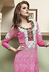 Attract all attentions with this embroidered suit. The dazzling pink cotton churidar suit have amazing embroidery patch work is done with resham, stone and lace work. The entire ensemble makes an excellent wear. Matching churidar and chiffon dupatta is available with this suit. Slight Color variations are possible due to differing screen and photograph resolutions.