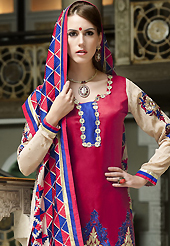 Embroidered suits are the best choice for a girl to enhance her feminine look. The dazzling dark pink cotton churidar suit have amazing embroidery patch work is done with resham and stone work. The entire ensemble makes an excellent wear. Matching churidar and dupatta is available with this suit. Slight Color variations are possible due to differing screen and photograph resolutions.