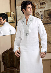 Its cool and have a very modern look to impress all. This kurta made with linen fabric. This kurta embellished with cutdana, beads, pearls and stones. The beautiful heavy embroidery on collar, front and cuff made it awesome and gives you stylish and attractive look to others. This kurta paired with same color fabric pathani salwar that completes the look. Slight Color variations possible due to differing screen and photograph resolutions.