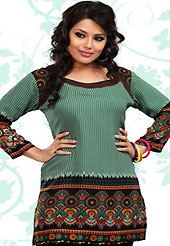 This green and black american crepe readymade tunic is nicely designed with geometric and abstract print work. This is a perfect casual wear readymade kurti. Bottom shown in the image is just for photography purpose. Minimum quantity order 12pcs in each style. Slight Color variations are possible due to differing screen and photograph resolutions.