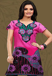 This pink and black cotton readymade tunic is nicely designed with floral, paisley, geometric print and resham embroidery patch work. This is a perfect casual wear readymade kurti. Bottom shown in the image is just for photography purpose. Minimum quantity order 12pcs in each style. Slight Color variations are possible due to differing screen and photograph resolutions.