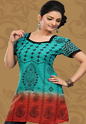 This sea green and red cotton readymade tunic is nicely designed with floral, paisley print and patch work. This is a perfect casual wear readymade kurti. Bottom shown in the image is just for photography purpose. Minimum quantity order 12pcs in each style. Slight Color variations are possible due to differing screen and photograph resolutions.