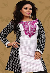 This white and black cotton readymade tunic is nicely designed with floral, dot print and resham embroidery patch work. This is a perfect casual wear readymade kurti. Bottom shown in the image is just for photography purpose. Minimum quantity order 12pcs in each style. Slight Color variations are possible due to differing screen and photograph resolutions.